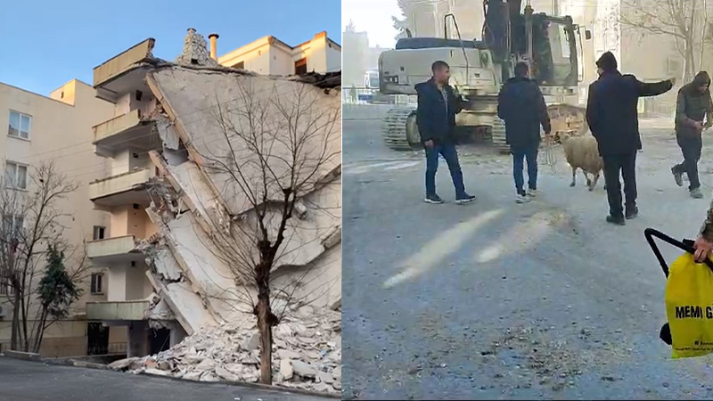 Şanlıurfa’da yıkımına başlanılan bina önünde kurban kesildi